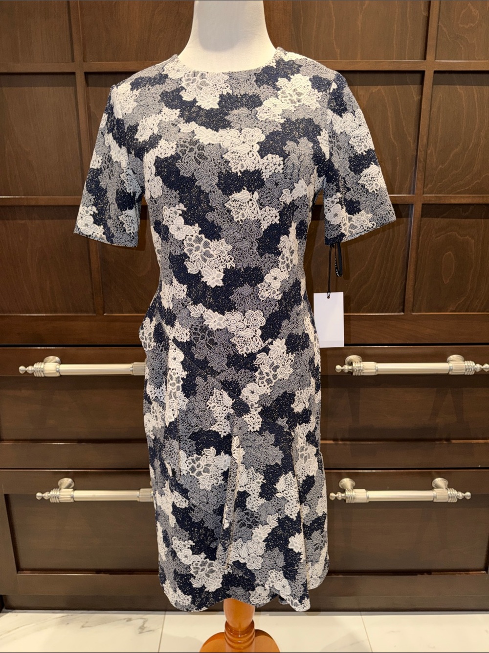 Ivanka Trump Navy and White Floral Lace Midi Dress